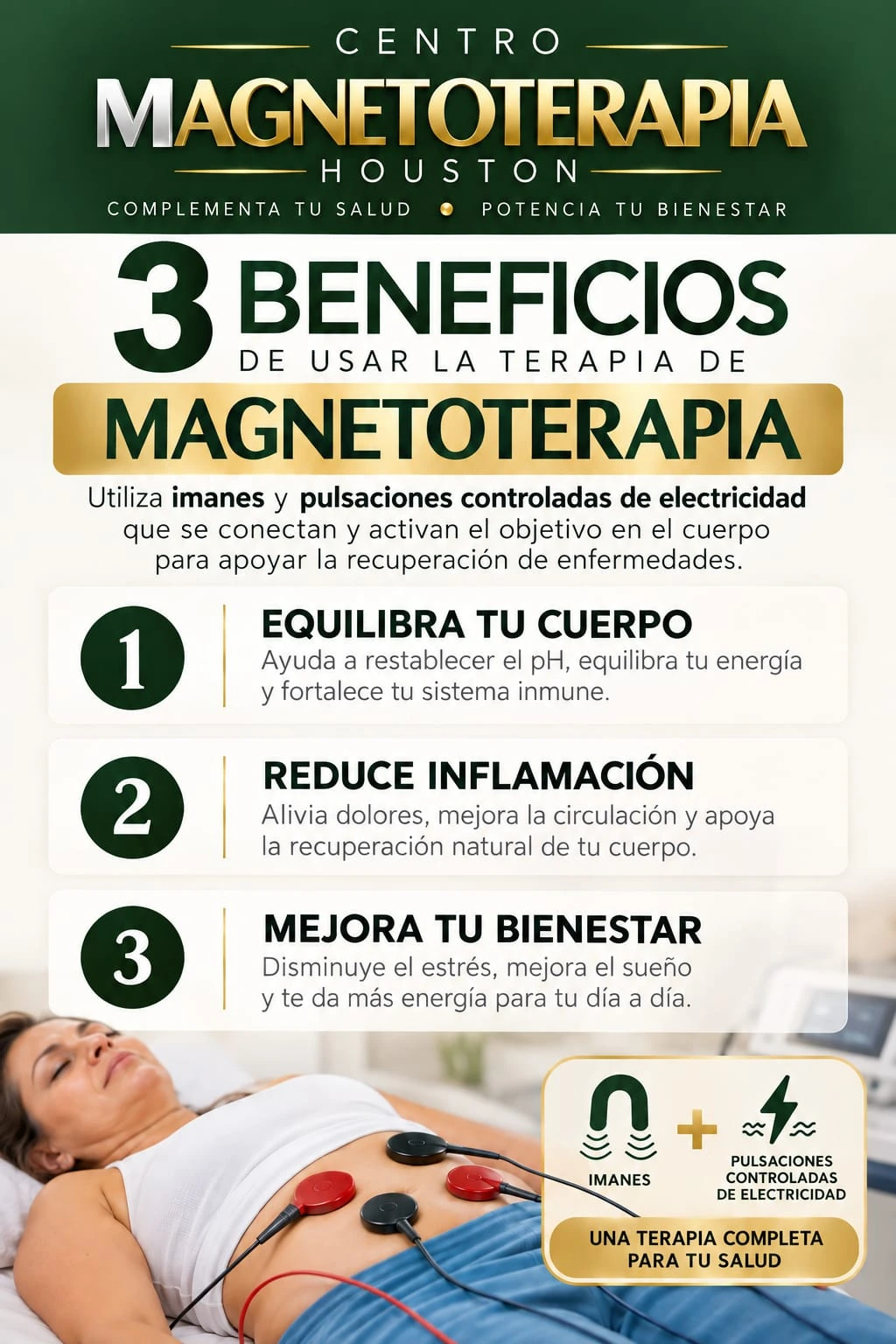Infografía sobre tres beneficios de la Magneto Terapia en Houston